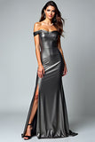 Grey Mermaid Off The Shoulder Long Formal Dress With Slit