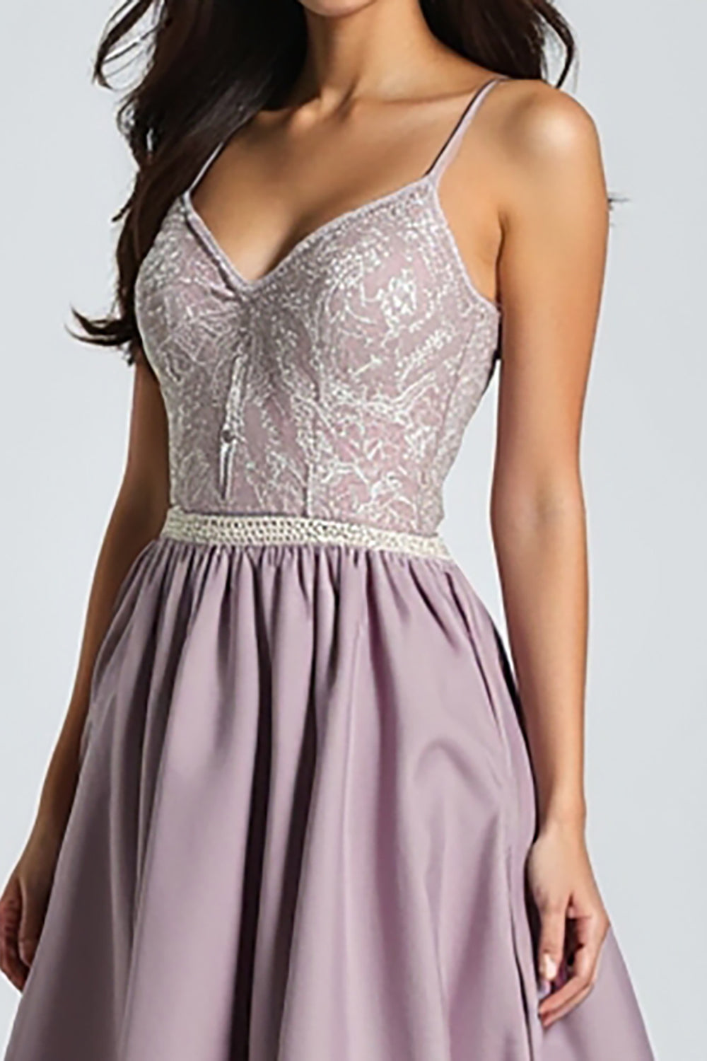 Purple Spaghetti Straps Lace A Line Prom Dress
