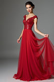Dark Red Cap Sleeve Beaded Lace A Line Formal Dress