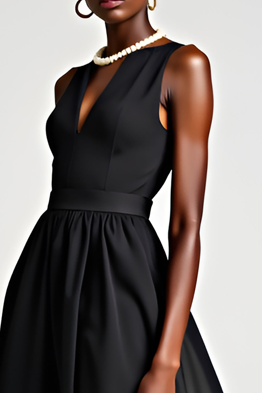 V-Neck A-Line Tulle Tea Length Black Tie Dress