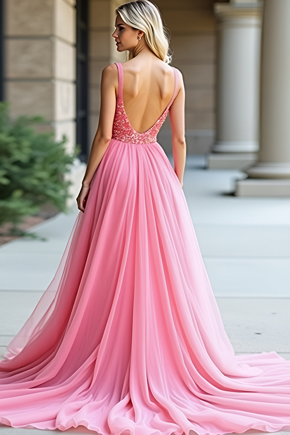 Pink A Line Backless Long Prom Dress