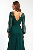 Pine A Line V-Neck Illusion Long Sleeve Formal Dress With Slit