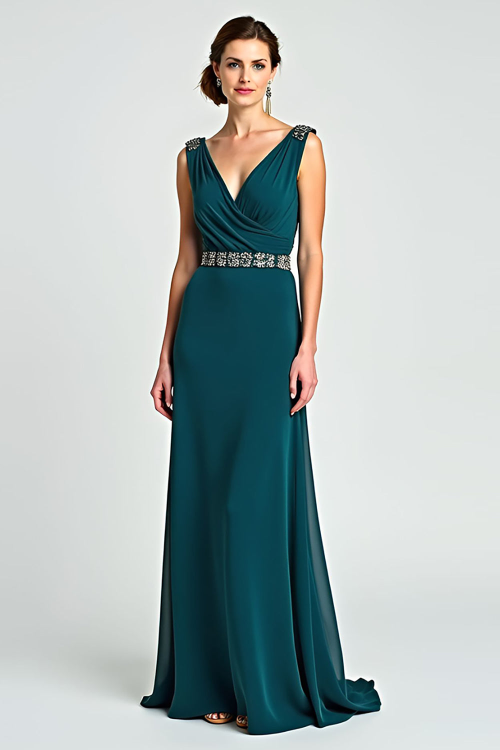 Peacock V-Neck A Line Beaded Long Mother of the Bride Dress