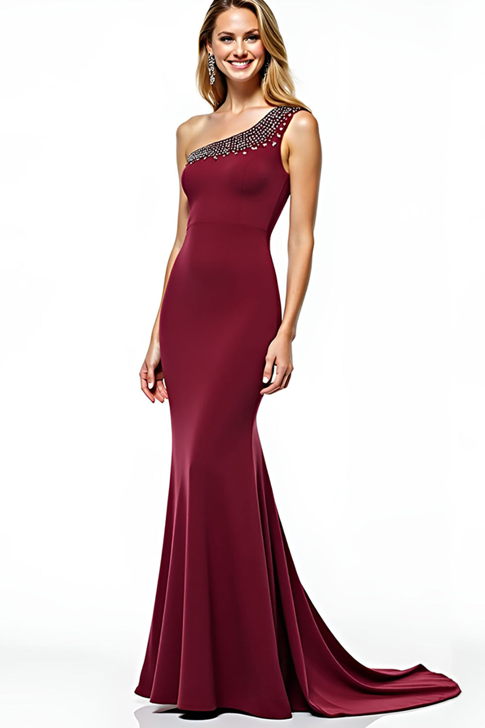 Burgundy Mermaid One Shoulder Beaded Long Formal Dress