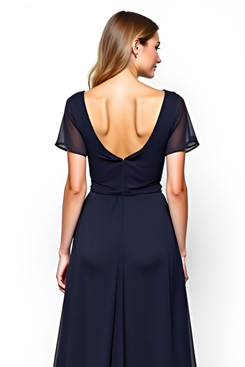 Navy A Line Chiffon Short Sleeve Formal Dress With Belt