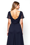 Navy A Line Chiffon Short Sleeve Formal Dress With Belt