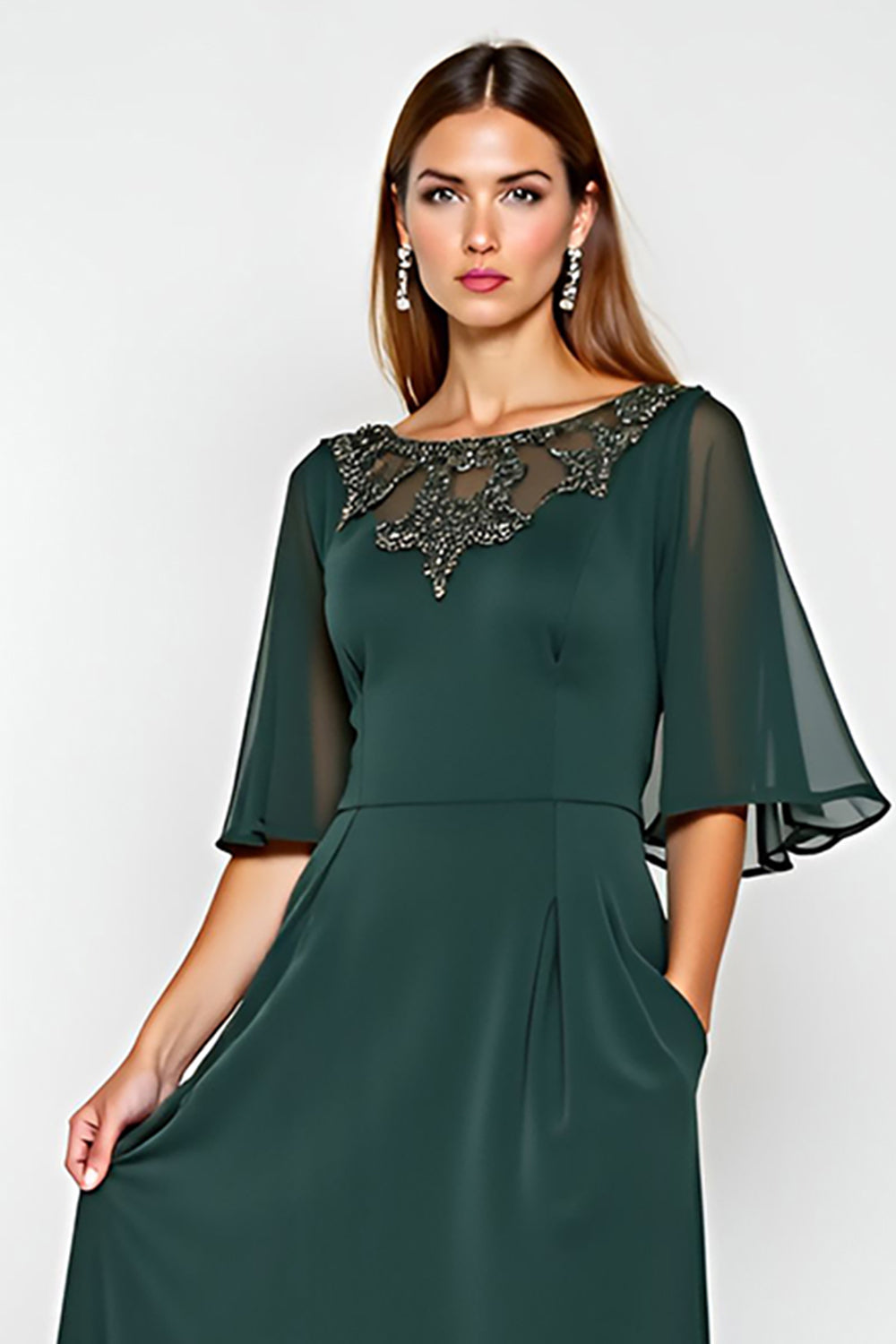 Pine A Line Boat Neck Wedding Guest Dress with Half Sleeves
