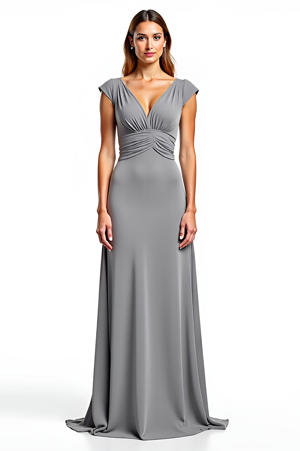Silver Cap Sleeves V-Neck Long Mother of the Bride Dress