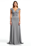 Silver Cap Sleeves V-Neck Long Mother of the Bride Dress
