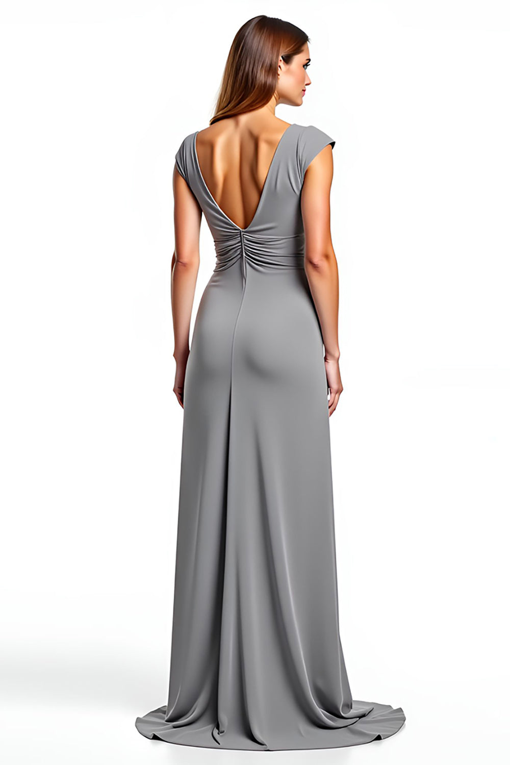 Silver Cap Sleeves V-Neck Long Mother of the Bride Dress