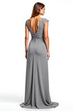 Silver Cap Sleeves V-Neck Long Mother of the Bride Dress