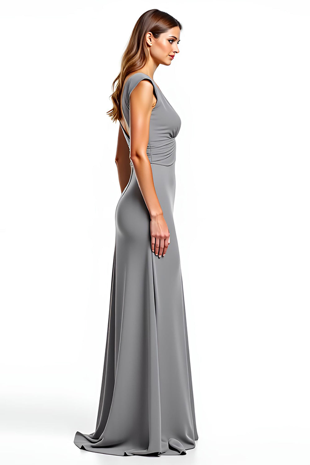 Silver Cap Sleeves V-Neck Long Mother of the Bride Dress