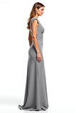 Silver Cap Sleeves V-Neck Long Mother of the Bride Dress