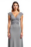 Silver Cap Sleeves V-Neck Long Mother of the Bride Dress