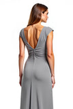 Silver Cap Sleeves V-Neck Long Mother of the Bride Dress