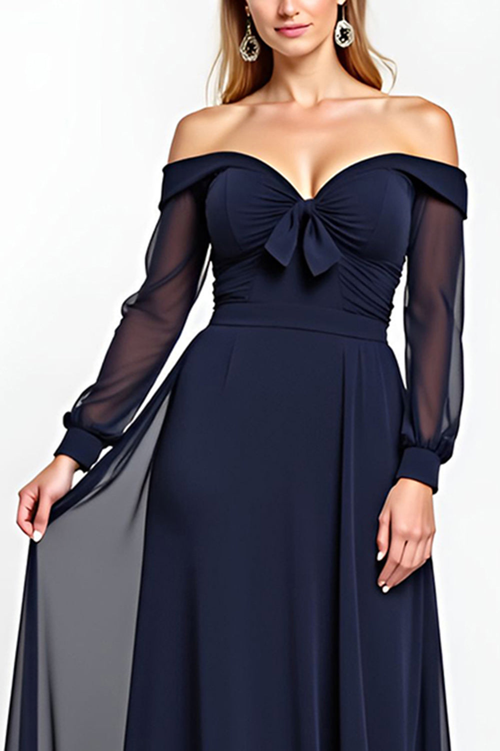 Navy A Line Off The Shoulder Long Sleeve Mother of the Bride Dress