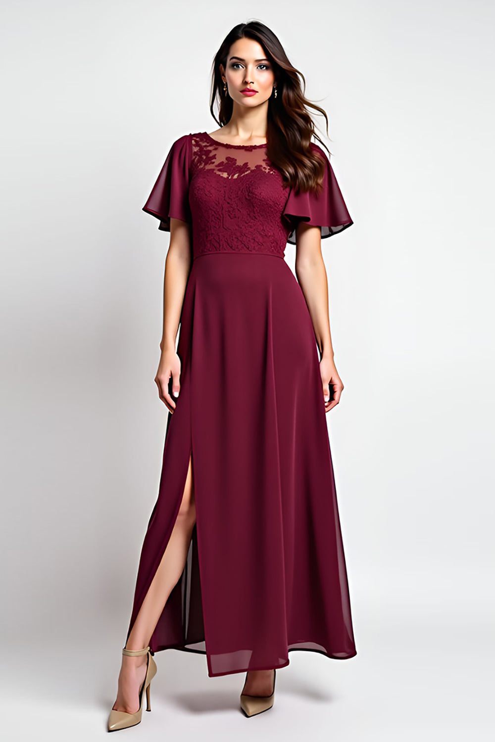 Burgundy Round Neck A Line Lace Wedding Guest Dress With Slit