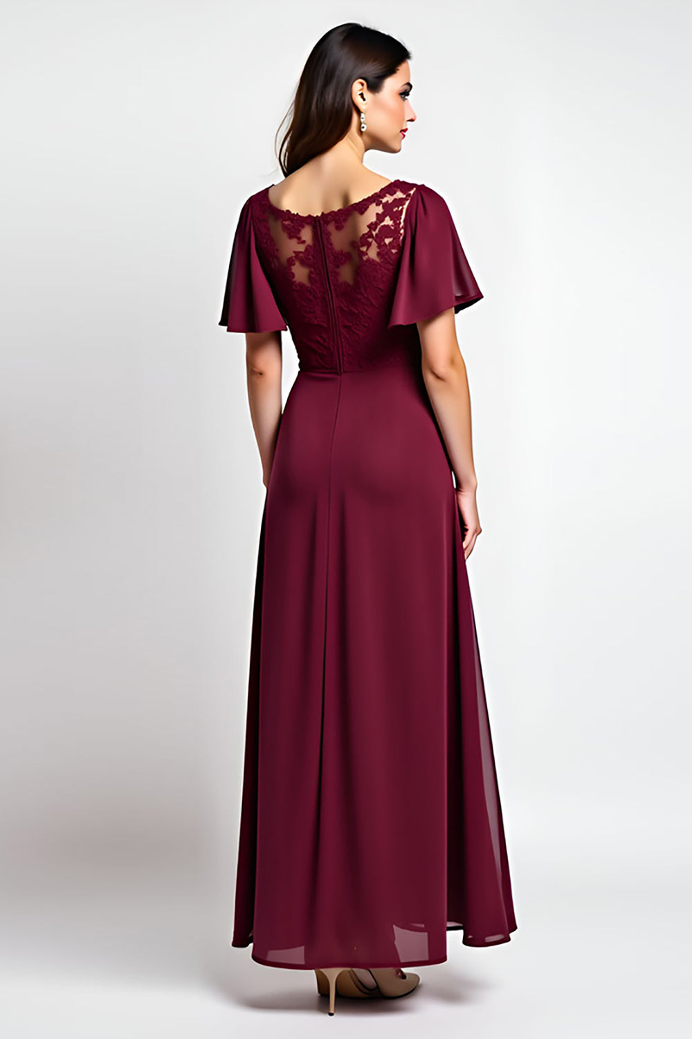 Burgundy Round Neck A Line Lace Wedding Guest Dress With Slit