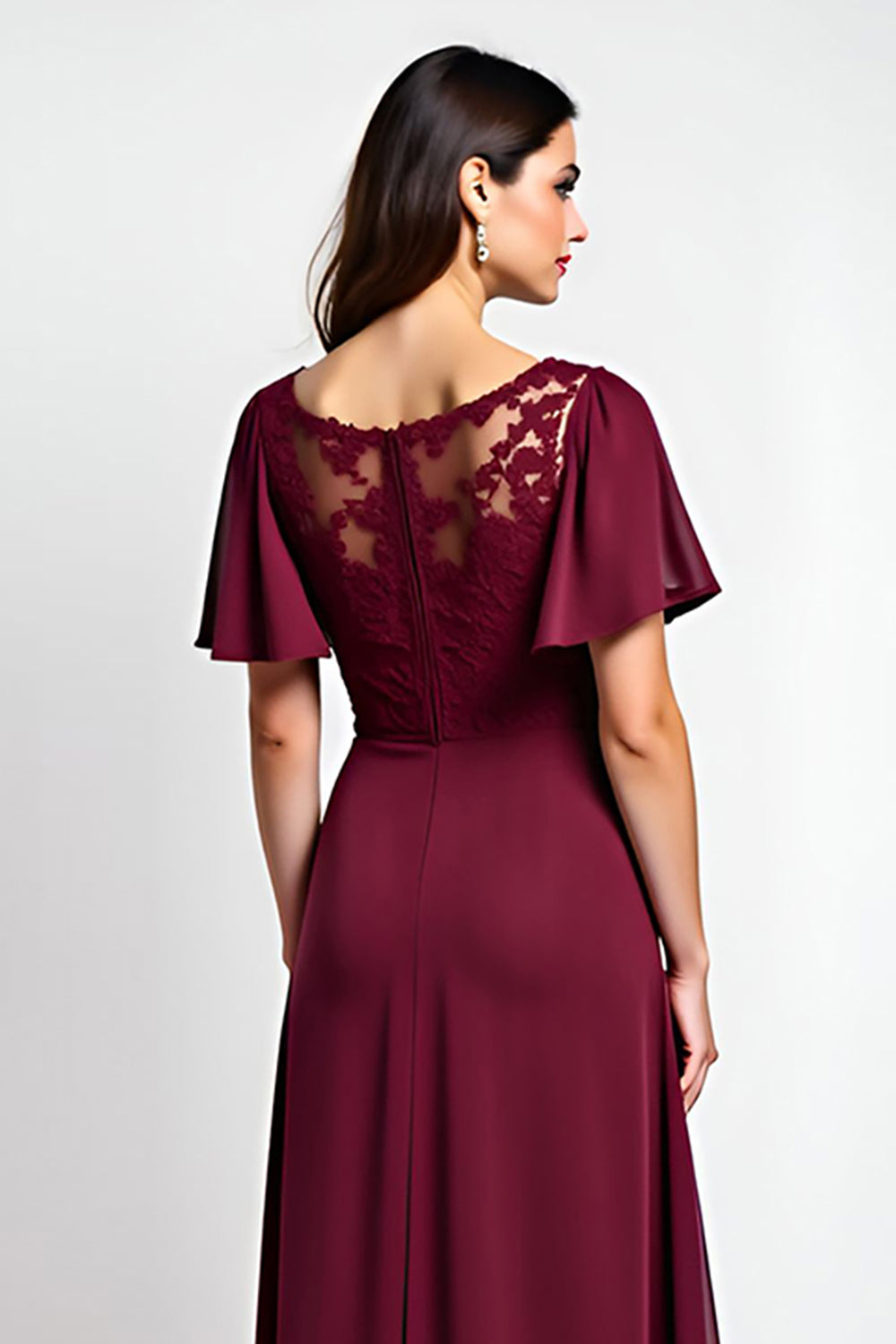Burgundy Round Neck A Line Lace Wedding Guest Dress With Slit