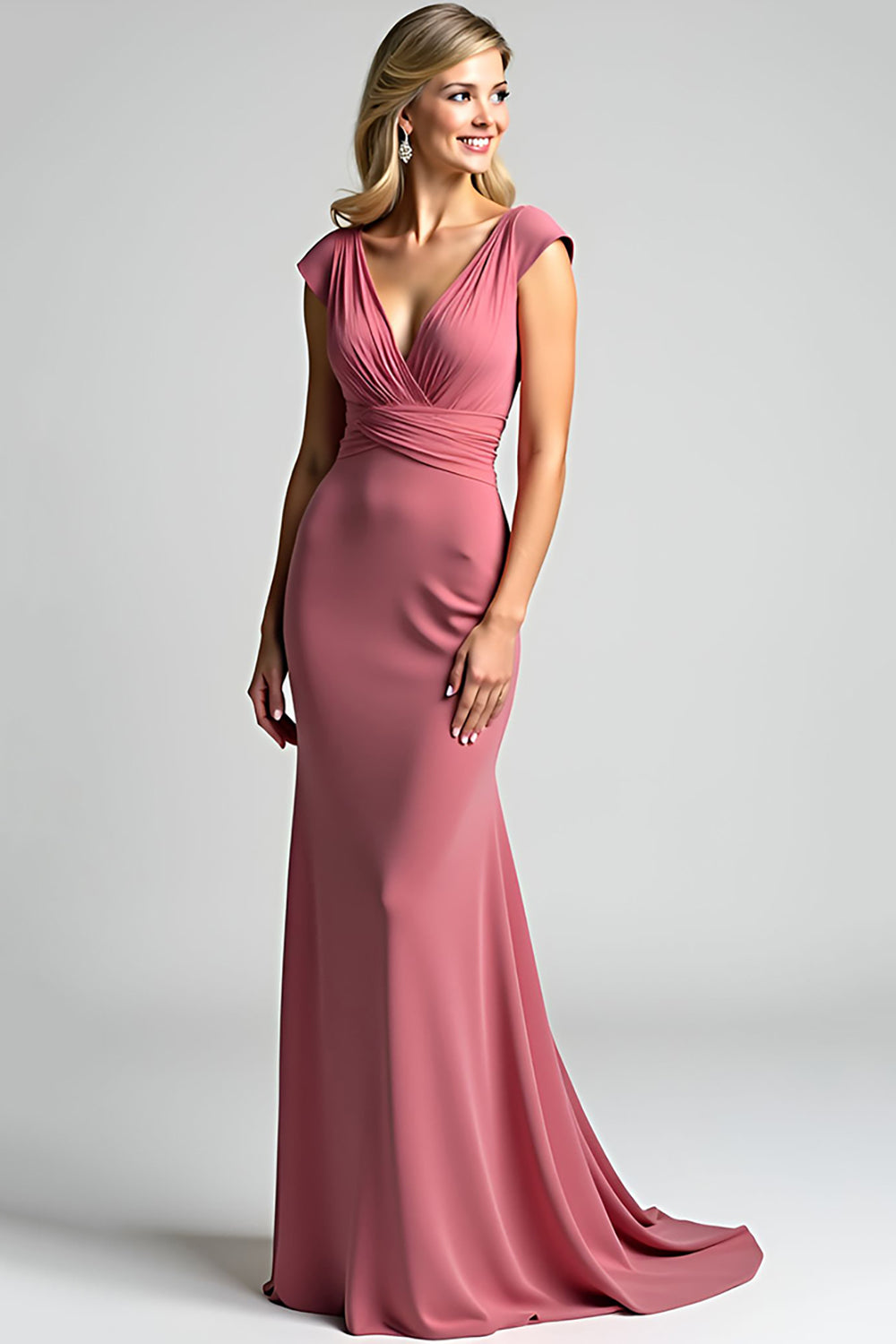 Pink Mermaid V-Neck Long Mother of the Bride Dress