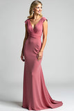 Pink Mermaid V-Neck Long Mother of the Bride Dress