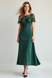 Green A Line Beaded Lace Wedding Guest Dress with Short Sleeves