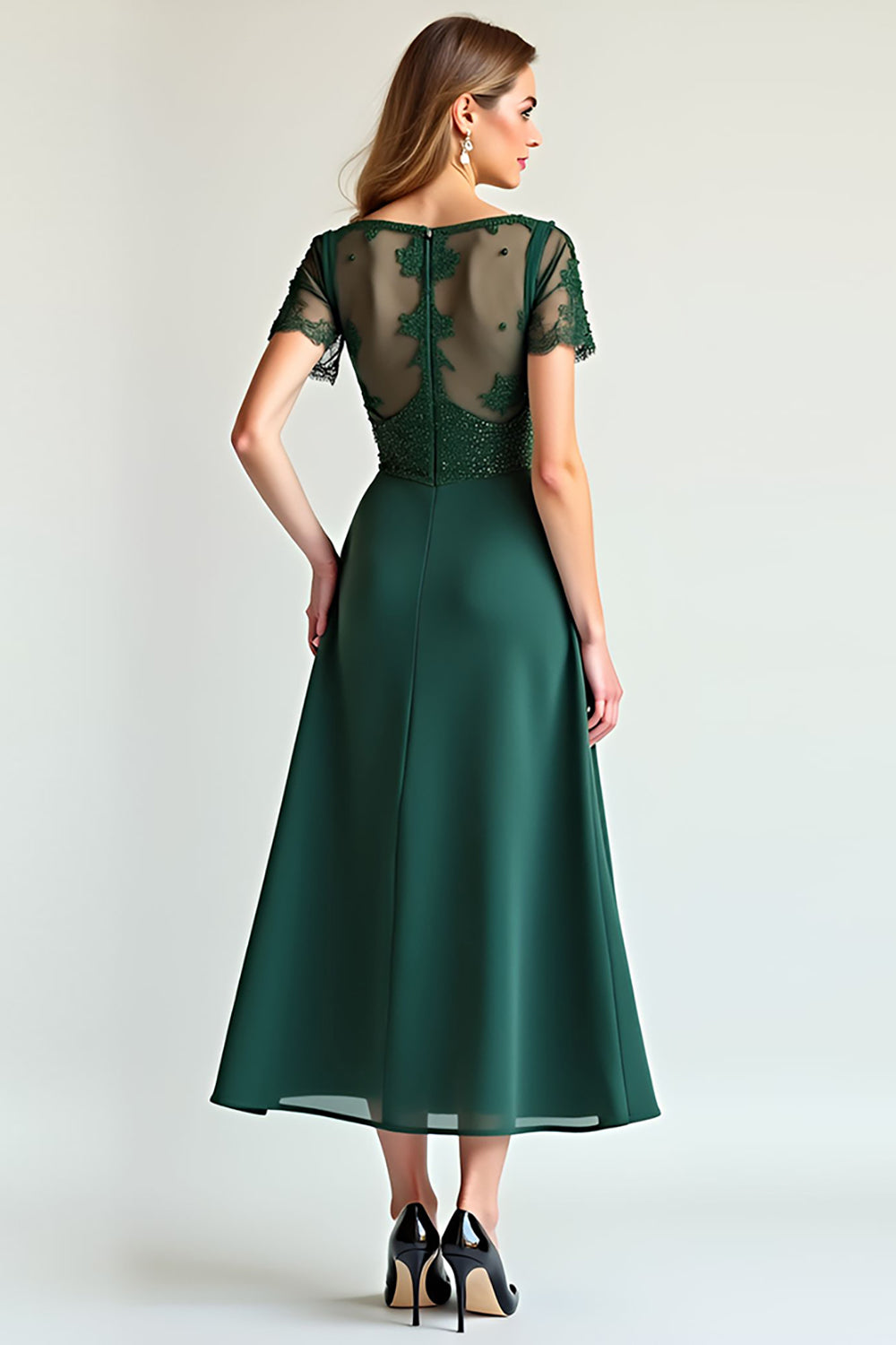 Green A Line Beaded Lace Wedding Guest Dress with Short Sleeves
