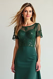 Green A Line Beaded Lace Wedding Guest Dress with Short Sleeves