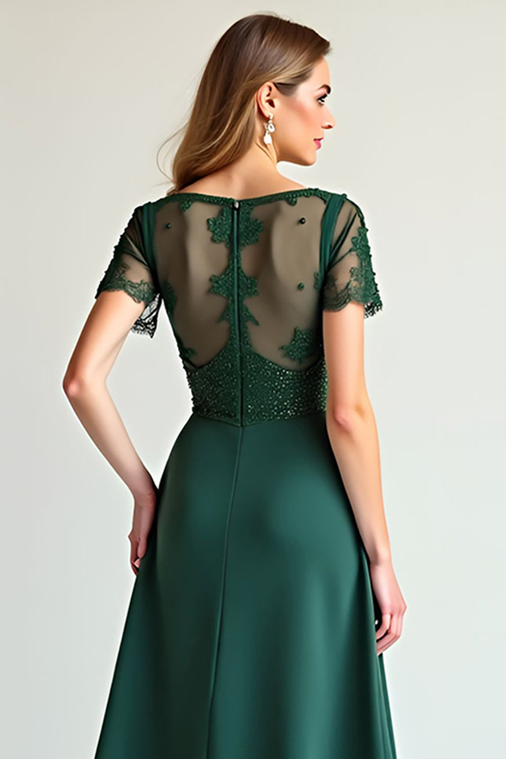 Green A Line Beaded Lace Wedding Guest Dress with Short Sleeves