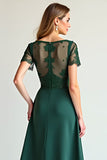Green A Line Beaded Lace Wedding Guest Dress with Short Sleeves