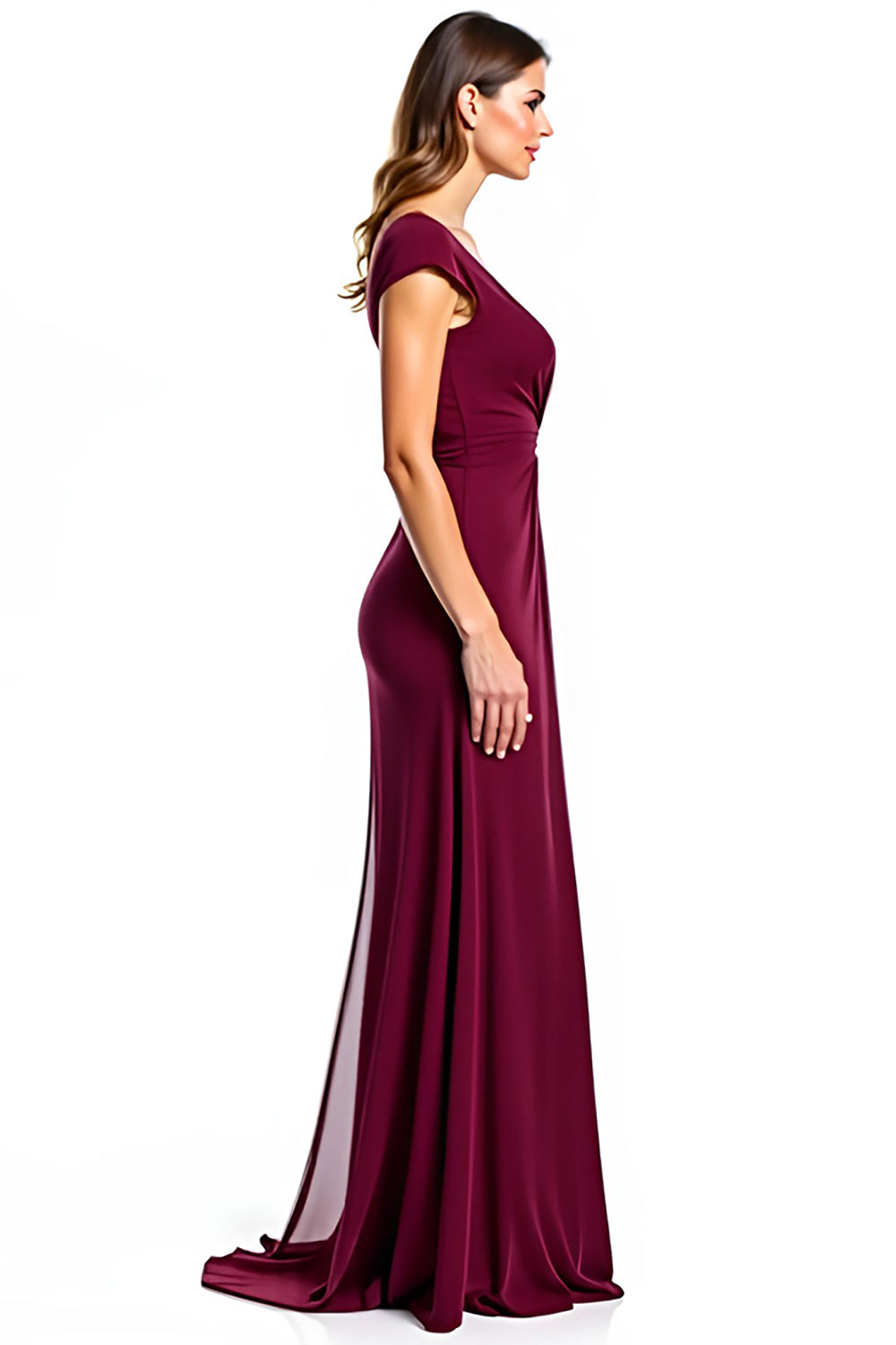 Burgundy V-Neck Cap Sleeve Long Formal Dress With Slit