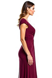 Burgundy V-Neck Cap Sleeve Long Formal Dress With Slit