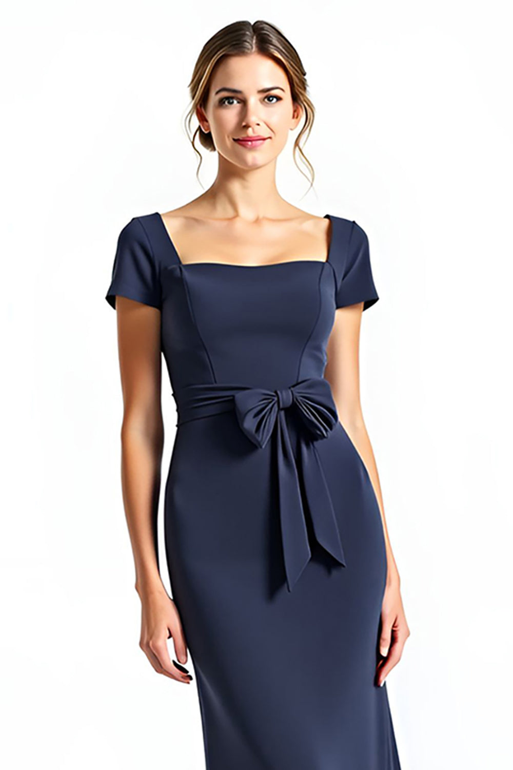 Navy A Line Square Neck Cap Sleeve Mother of the Bride Dress With Bows