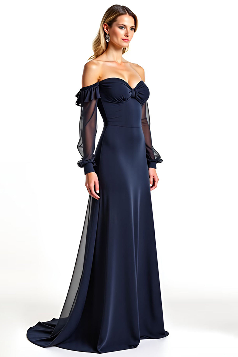 Off The Shoulder A Line Long Sleeve Navy Mother of the Bride Dress