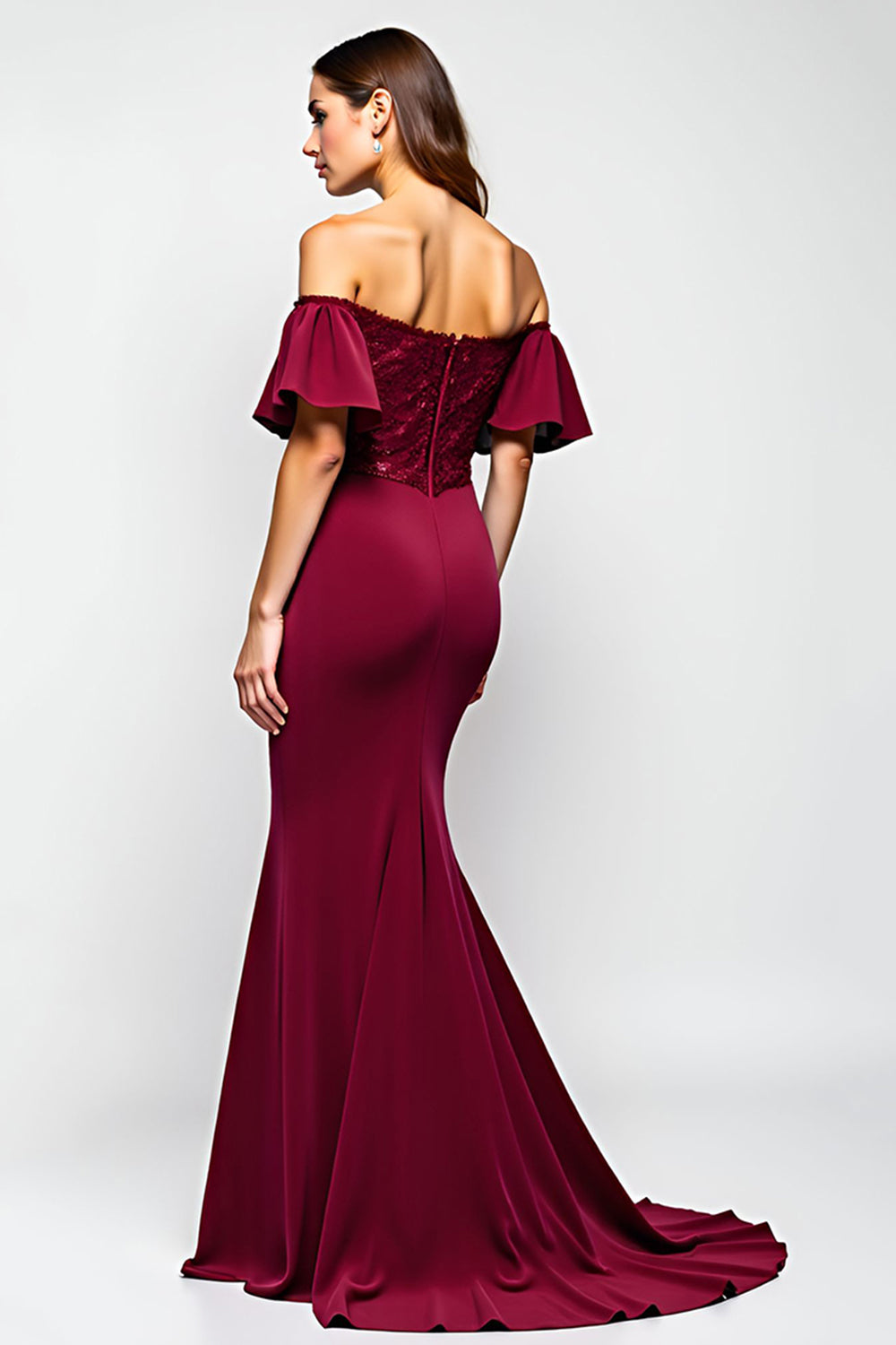 Off The Shoulder Sequin Ruffled Mermaid Long Burgundy Formal Dress