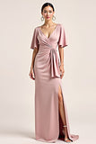 Dusty Rose V-Neck Satin Half Sleeve Long Bridesmaid Dress with Slit