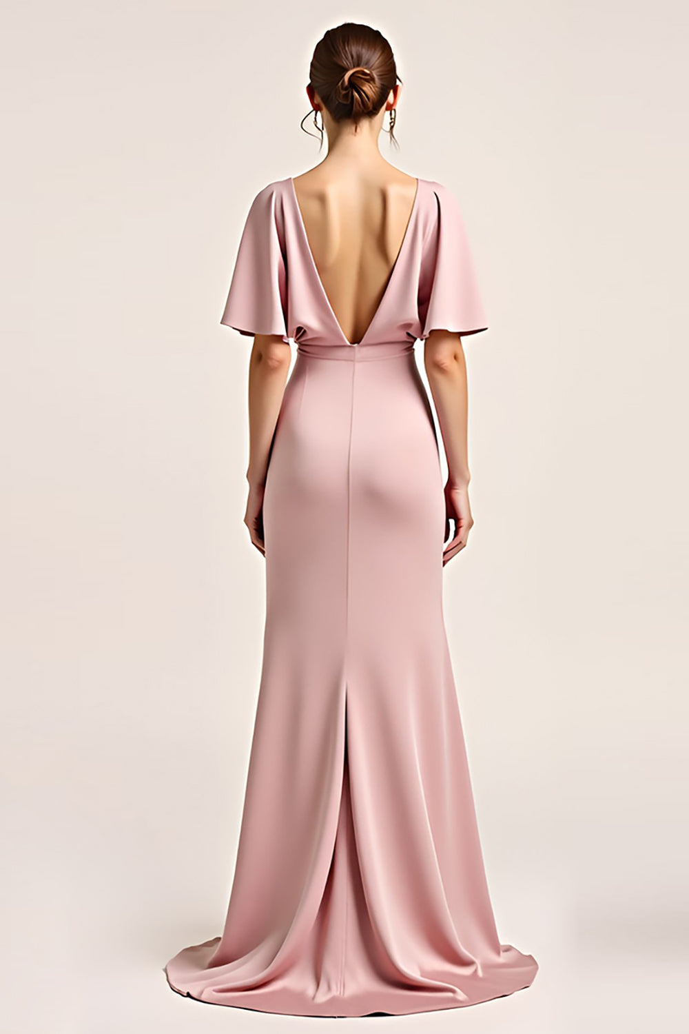 Dusty Rose V-Neck Satin Half Sleeve Long Bridesmaid Dress with Slit