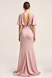 Dusty Rose V-Neck Satin Half Sleeve Long Bridesmaid Dress with Slit