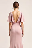 Dusty Rose V-Neck Satin Half Sleeve Long Bridesmaid Dress with Slit