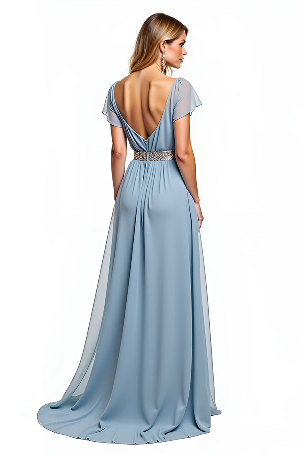 Dusty Blue A Line V-Neck Chiffon Long Wedding Guest Dress