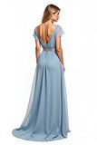 Dusty Blue A Line V-Neck Chiffon Long Wedding Guest Dress