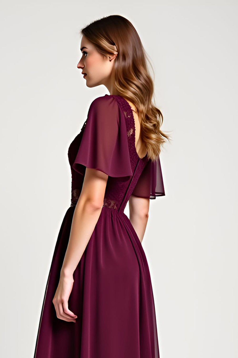 Cabernet A Line Lace Round Neck Midi Wedding Guest Dress