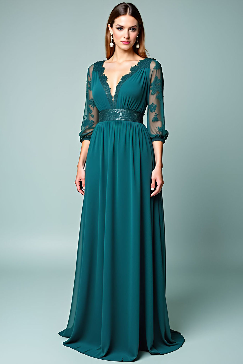 Peacock A-Line Long Sleeve Wedding Guest Dress with Lace