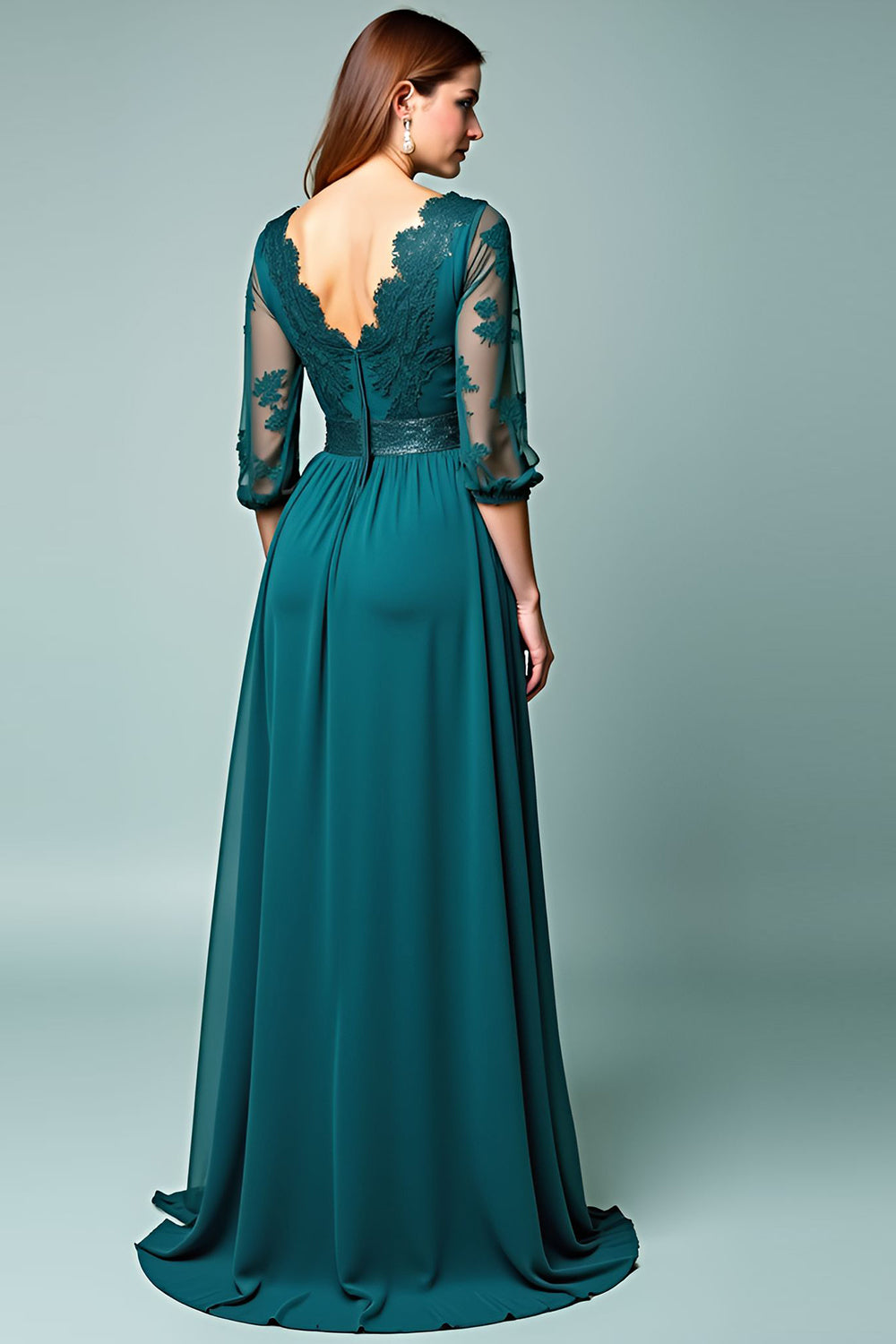 Peacock A-Line Long Sleeve Wedding Guest Dress with Lace