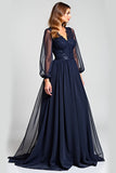 Navy A-Line V-Neck Long Sleeve Chiffon Mother of the Bride Dress with Lace
