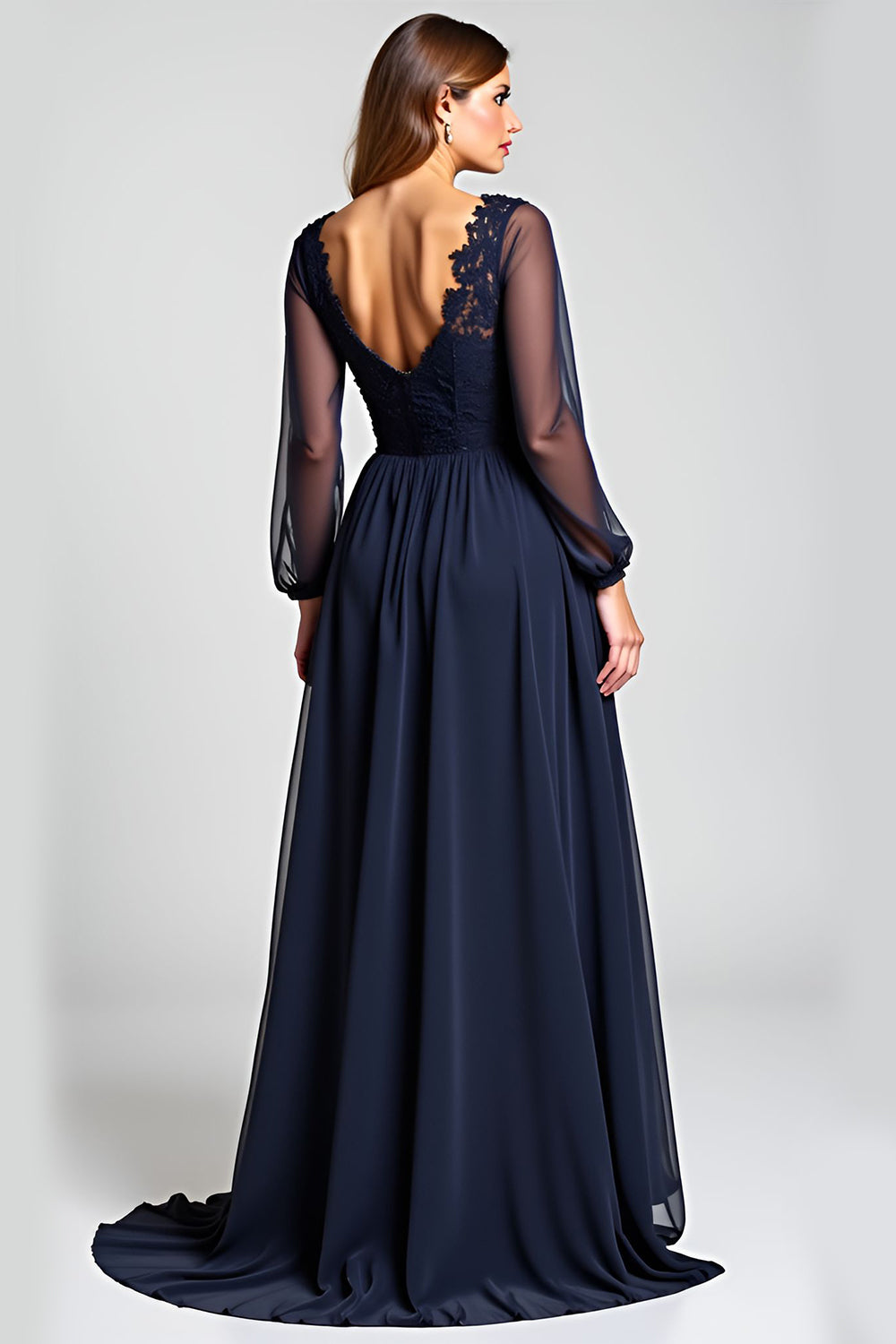Navy A-Line V-Neck Long Sleeve Chiffon Mother of the Bride Dress with Lace