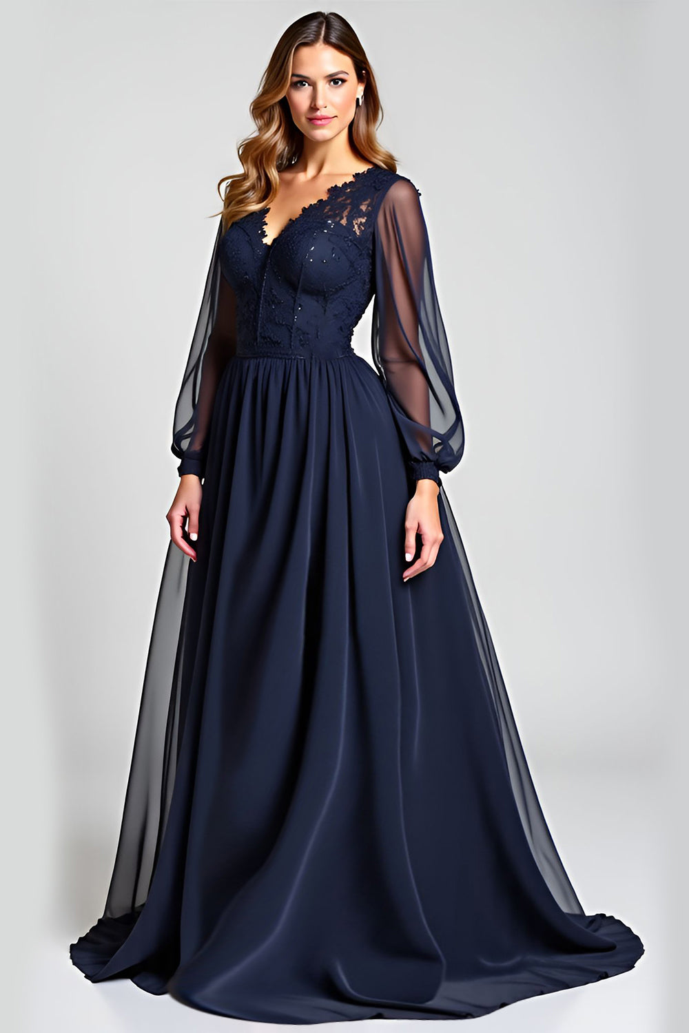 Navy A-Line V-Neck Long Sleeve Chiffon Mother of the Bride Dress with Lace