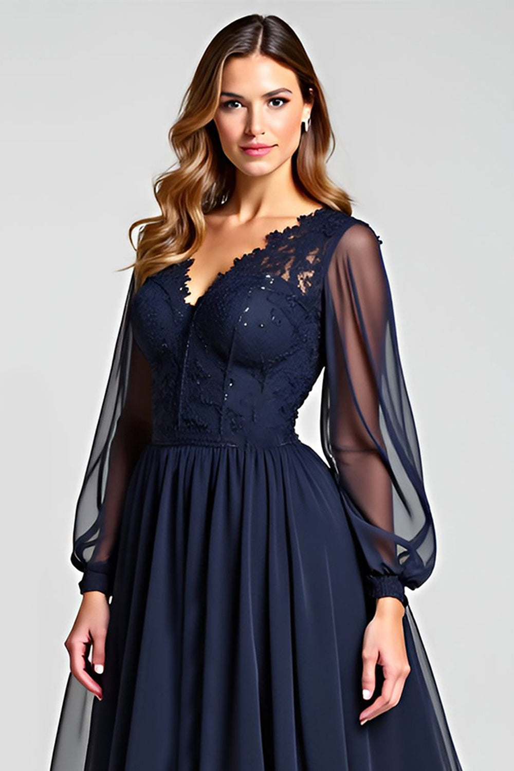 Navy A-Line V-Neck Long Sleeve Chiffon Mother of the Bride Dress with Lace