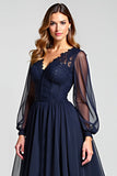 Navy A-Line V-Neck Long Sleeve Chiffon Mother of the Bride Dress with Lace