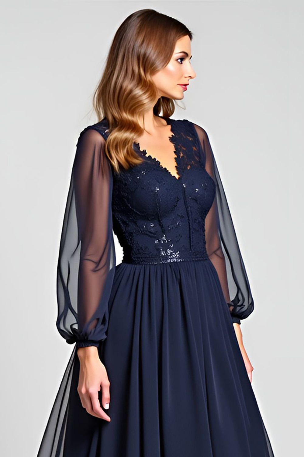 Navy A-Line V-Neck Long Sleeve Chiffon Mother of the Bride Dress with Lace